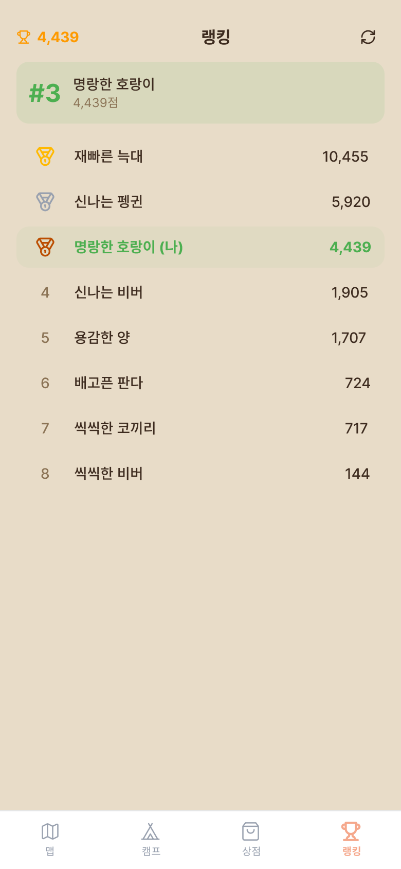 누띠 랭킹 화면